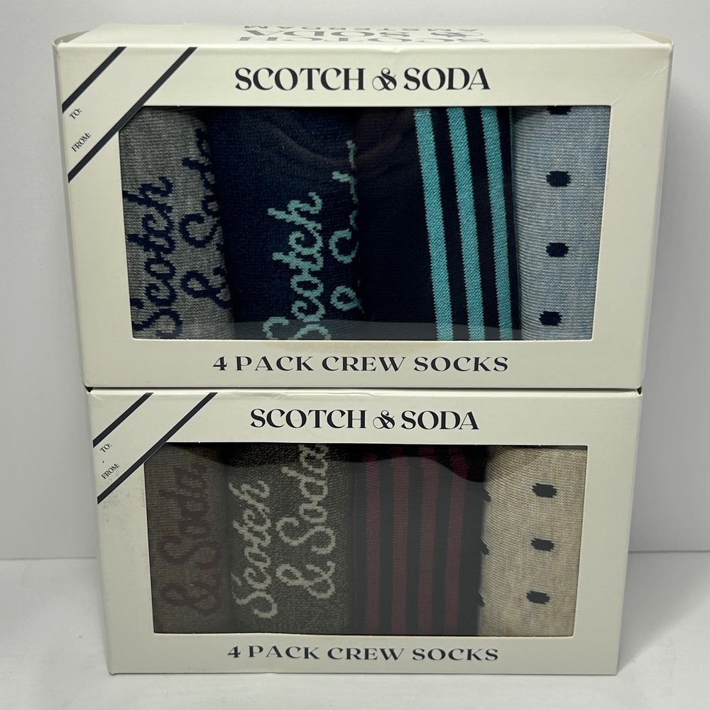 Scotch & Soda Amsterdam Mens 4 Pack Crew Socks 2 Boxes Blue Grey Brown 8 Pairs